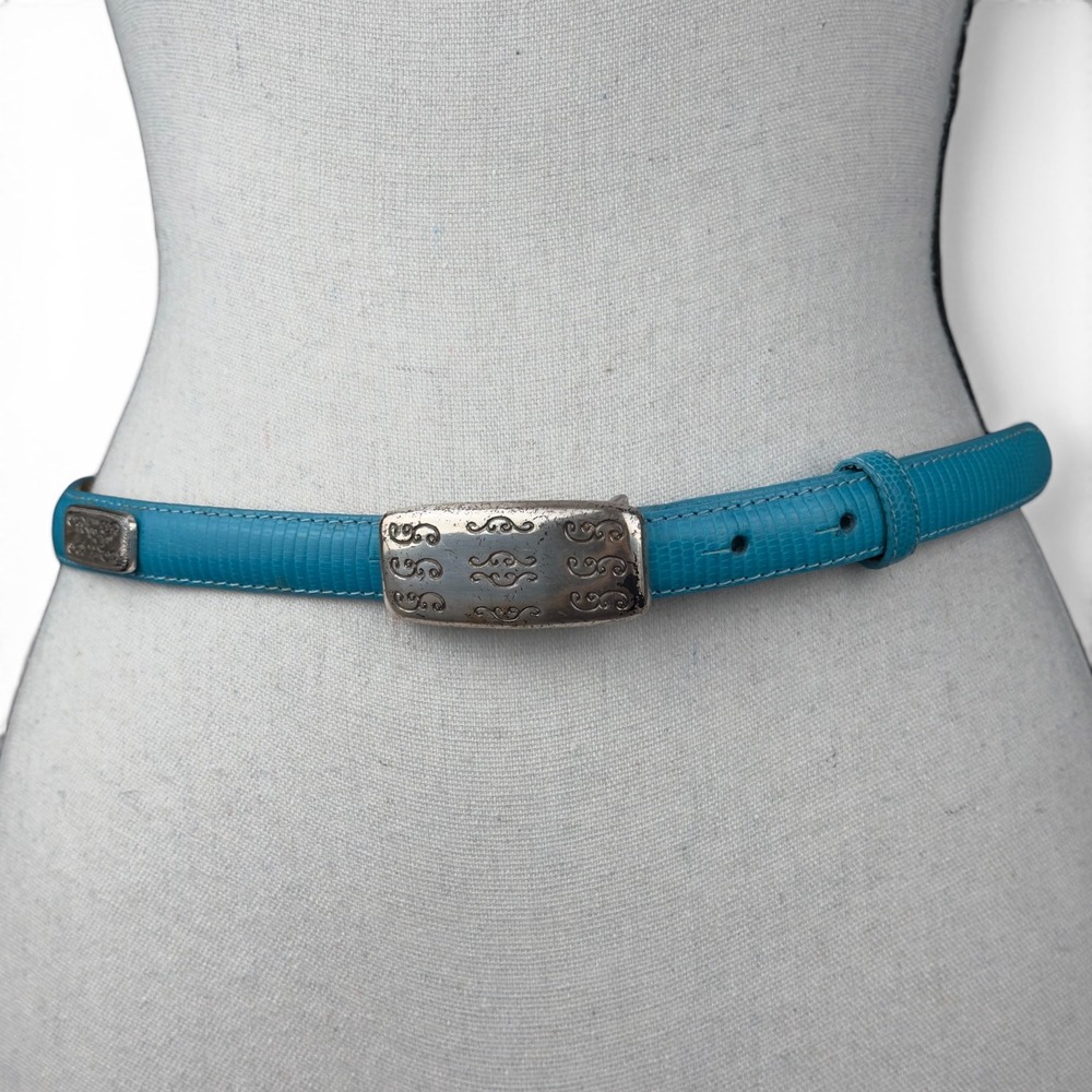 Brighton Skinny Leather Belt Women M Turquoise Lizard Embossed Western Boho